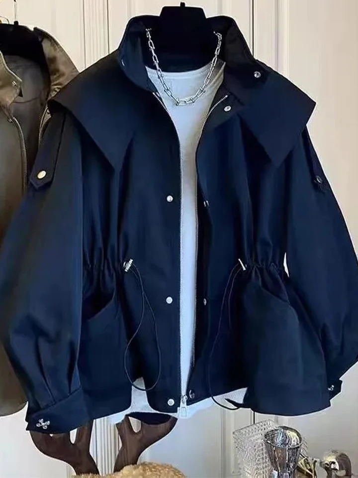 Autumn Trench Coat Women Vintage Hooded Jackets Female Elegant Fashion Drawstring Trench Ladies Casual Loose Zipper Cropped Coat 251013