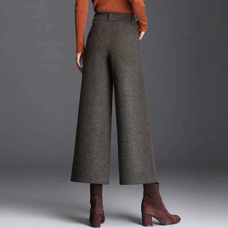 2024 New Woolen Wide Leg Pants Ladies Autumn Winter Anklelength Pants High Waist Loose Straight Fleece Women Clothes TrousersT251025