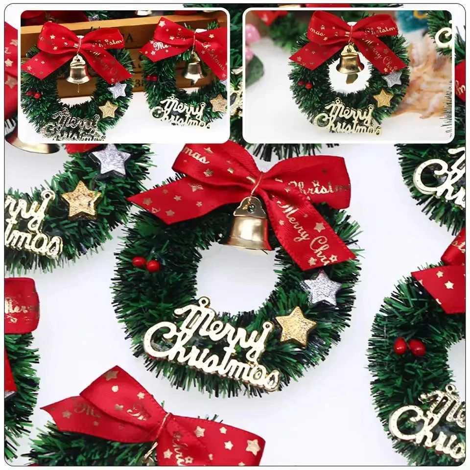 10Pack Mini Christmas Wreaths with Red Bows and Golden Bells Plastic Festive Artificial Craft Tree Ornaments C251024