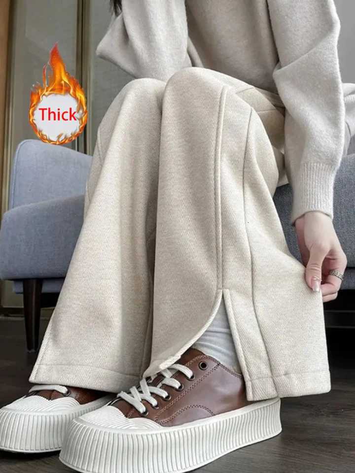 Women Wide Leg Pants Simple Office Lady Plush Thicken Autumn Winter Harem Trouser Solid Casual Harajuku Female Lace Up Pants NewT251025