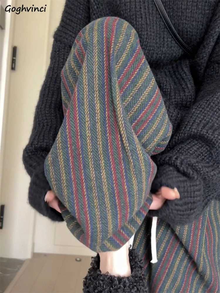 Woolen Striped Pants for Women Autumn Winter Vintage Stylish Wide Leg Mopping Trousers Loose Allmatch Female Casual Daily ChicT251025