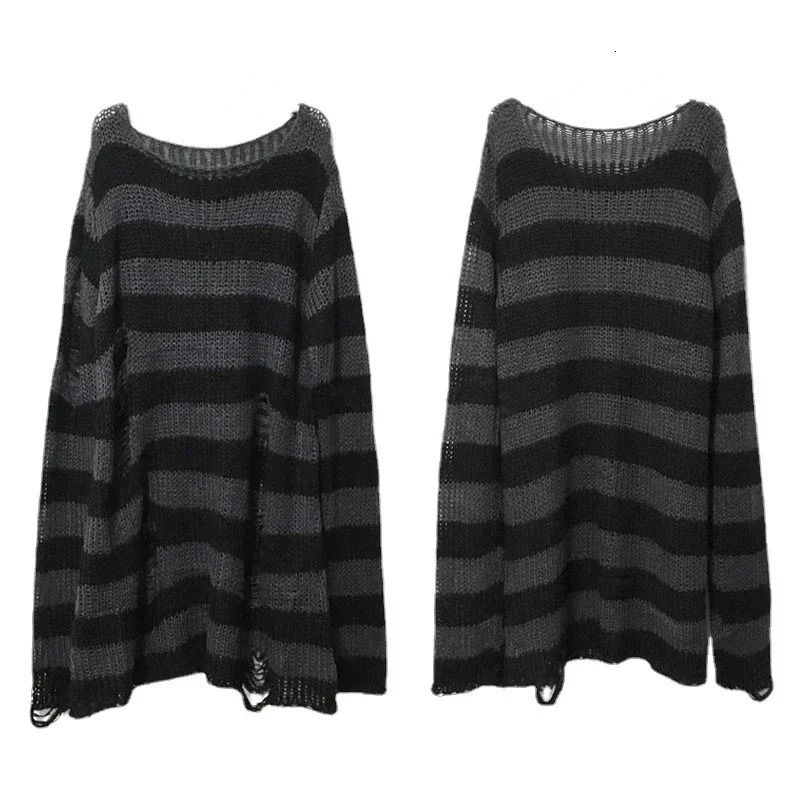 Autumn Punk Gothic Long Unisex Sweater Women Striped Cool Hollow Out Hole Broken Jumper Loose Rock Thin Dark Streetwear Top 251023