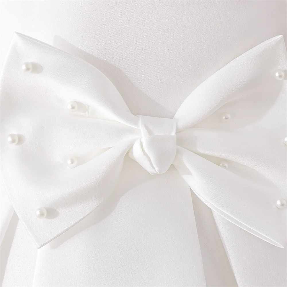 Girls Beading Princess Gown Birthday Party Dress Elegant Girl White Wedding Pleated Dresses With Bow Kids Formal Evening Costume 251023