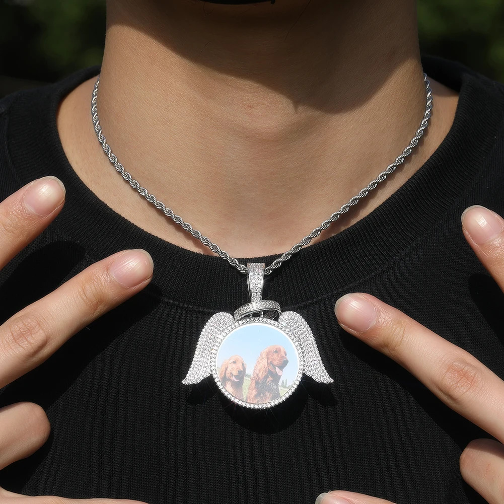 TBTK Custom Round Angel Wings Po Pendant Necklace Iced Out CZ Personalized Sublimation Memory Medallions HipHop Jewelry Gift 251023