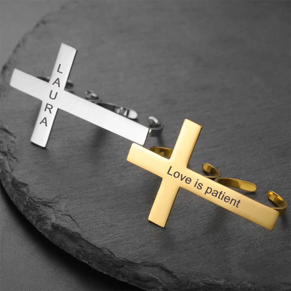 Lemegeton Two Finger Cross Ring Engraved Name Open Ring Gold Silver Color Vintage Big Cross Gothic Jewelry Christian RingsXJ251025