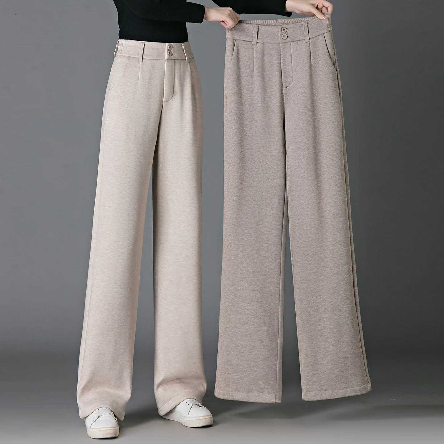 New Autumn Winter Fashionable Versatile Plus Plush Thick Warm Straight Leg Pants WomenS Casual High Waisted Wide Leg TrousersT251025