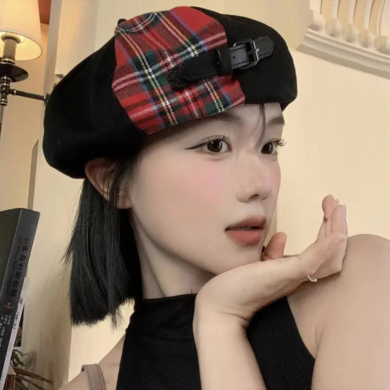 Korean Version of Fashionable Belt Buckle Color Matching Beret Childrens SpringSummer Retro British Plaid Painter Pumpkin Hat 251023