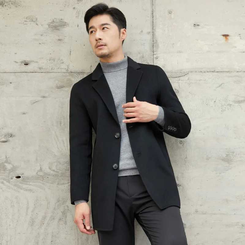 Autumn Winter Doublesided Cashmere Coat Mens Mid Long Gray Wool Woolen Jacket Offseason Highend Suit Business Trench OutwearT251025