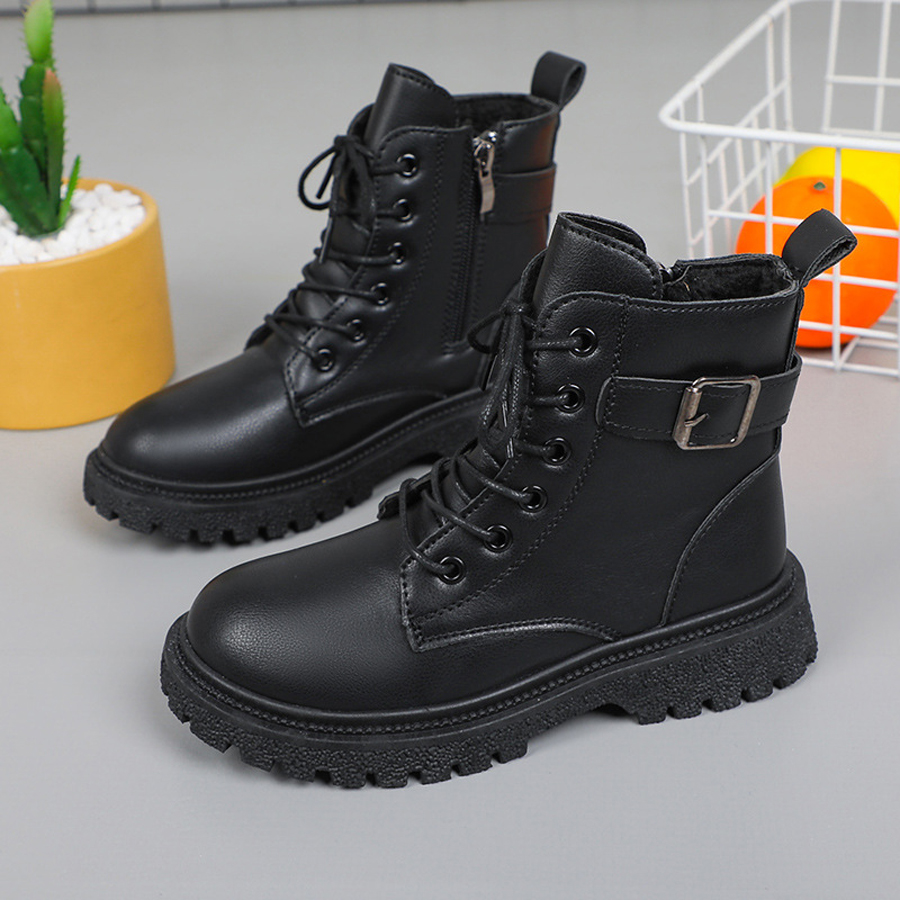 Kids Girl Boots Design Children Winter Lace Up Platform Wedges Comfortable Round Toe Kidsnest Non-slip Ankle Boots Black Plus Sizes 27 - 38 K1186