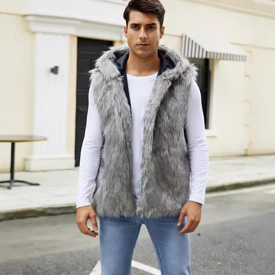 Men Hooded Vest V Neck Faux Fur Jackets Sleeveless Elegant Splice Vests Cardigan Hoodies Casual High Street Autumn Winter 251020