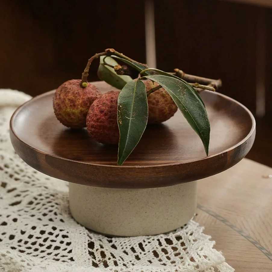 Japanese Cake Fruit Tray Wood Egg Tray Dessert Storages Shelf Ceramic Tall Footed Snack Decorative Tray Kitchen Accessories Y251025