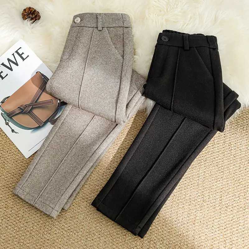 Womens Woolen Pants Casual Loose Style Street Dress Pants Wide Trousers Corduroy Joggers WoolT251025