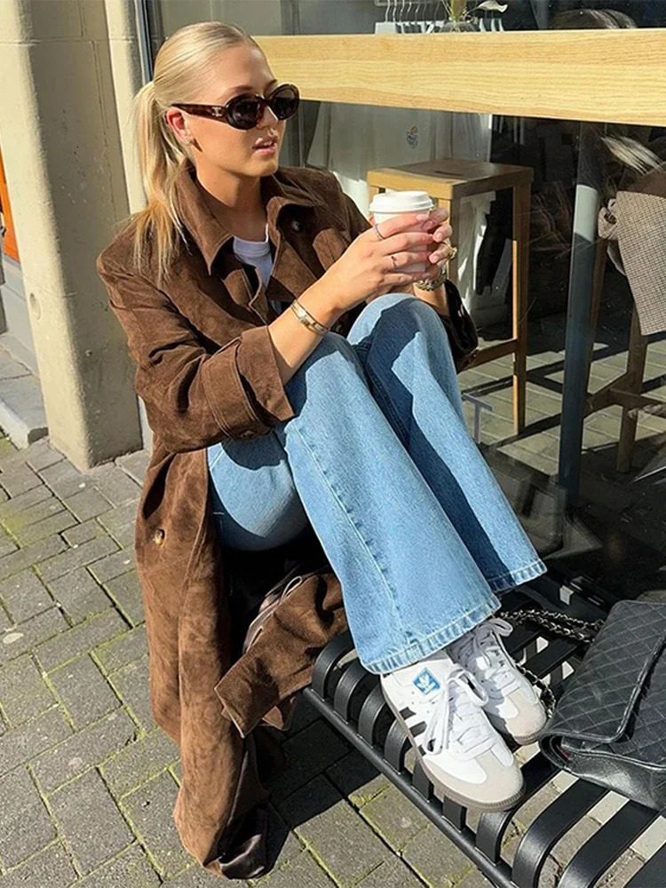 Vintage Suede Female Windbreak With Belt Long Sleeve Double Breasted Long Coat Autumn Fashion Split Lace Up Women Jacket 251013
