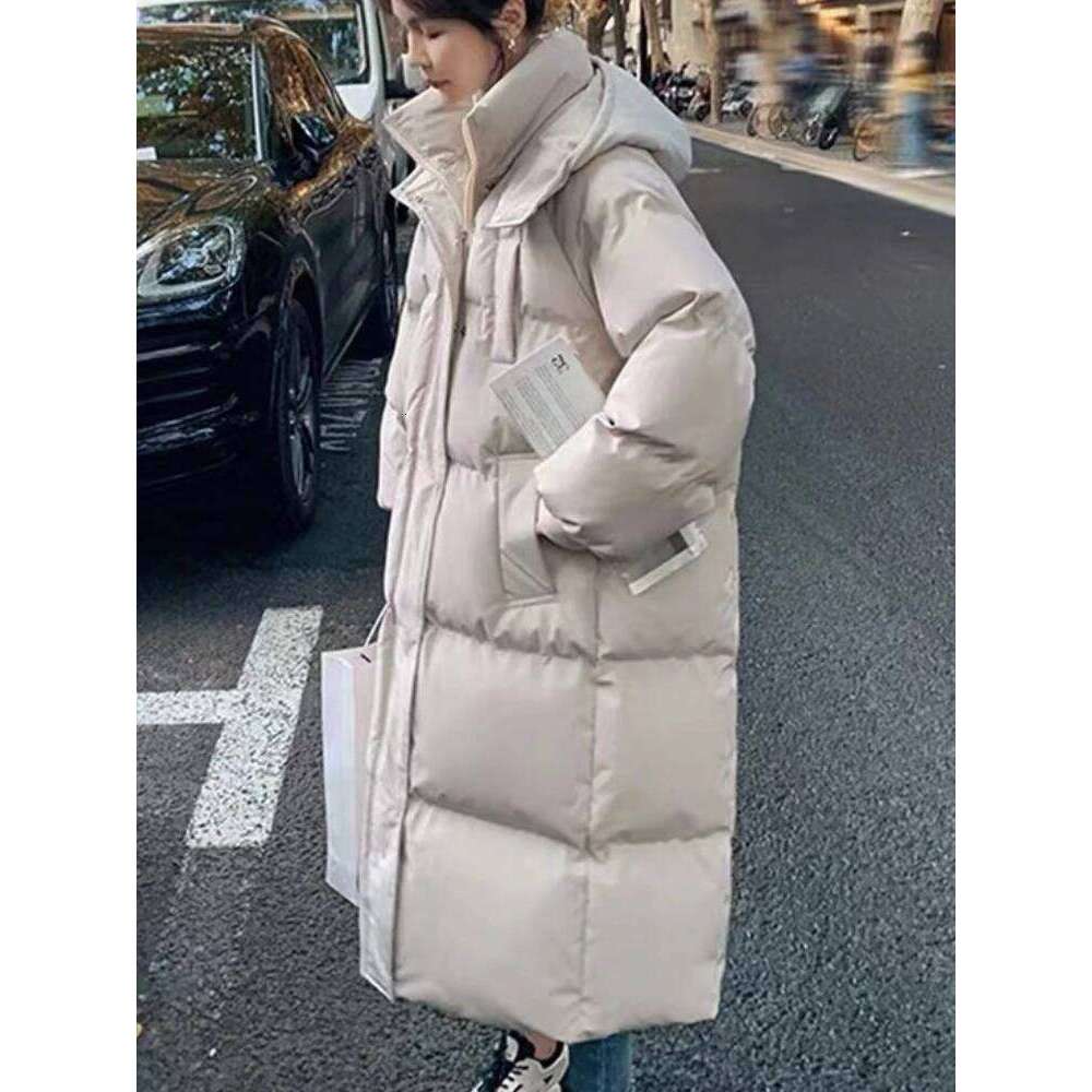 Thickened Down Cotton Bread Style Coat Women's Winter 2025 Outerwear Korean Loose Long Knee Length Solid Hooded Jacket Coats Designer Women