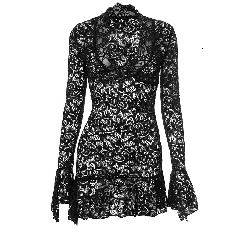 European and American 2025 Spring New Sexy Designer V-neck Lace Dress with Ruffle Transparent Slimming Women's Short Skirt