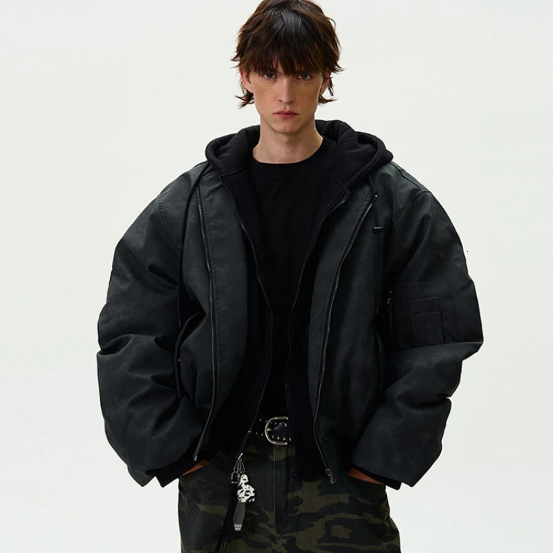 Thicken Motorcycle Hooded Leather Jacket Mens Winter Two Pieces Fashion Hip Hop Warm Parkas Pilot Bomber Cotton Coats 251020