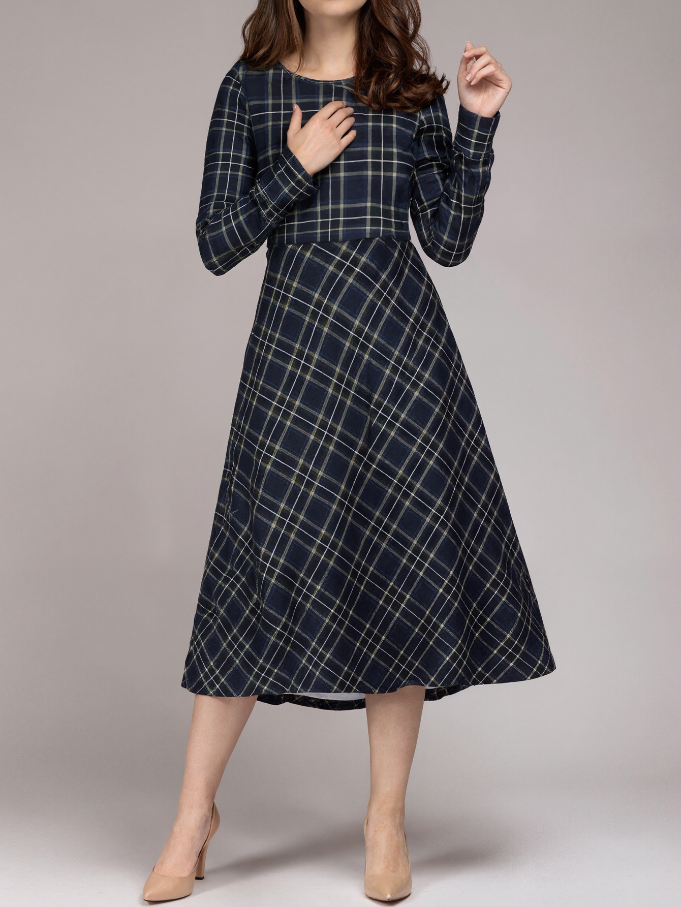 Autumn Winter Women's Fashion Plaid Printed Versatile Commute Style Office Lady Work & Party Midi Dress, Milk Silk Sea Blue Dress, S-XXL---CF5536