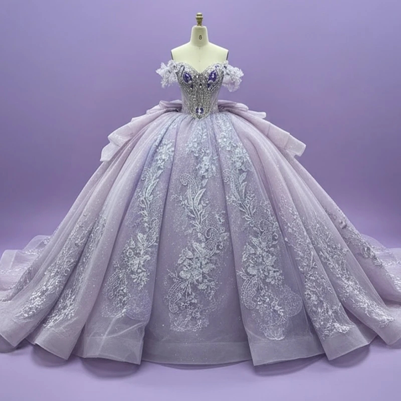 Light Lilac Quinceanera Dresses Ball Gown Off The Shoulder Applique Lace Beading Crystal Tull Party Birthday Sweet 16 Dress Vestidos 15 de anos
