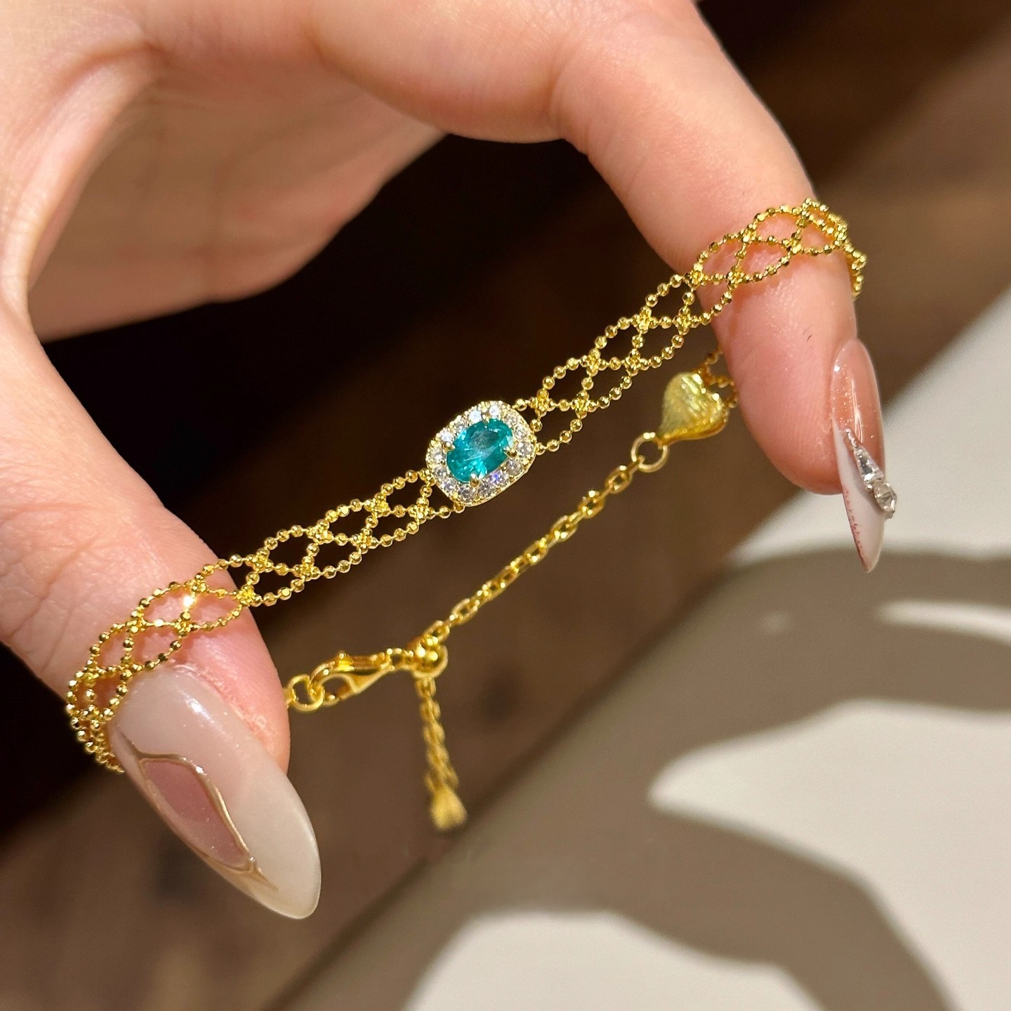 TaiYang New Gold Plated Copper Paraiba Blue Crystal Bracelet, Delicate Lace Chain with Sparkling Sugar Cube Charm for Women