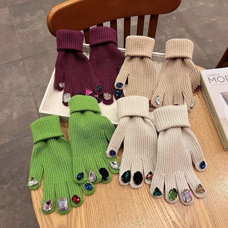 Women Gloves Cute Autumn Winter Ins Style Rhinestone Split Finger Knitted Gloves Korean Fashion Y2K 251023