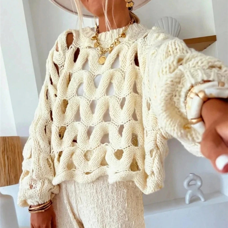 Sexy Hollow Out Long Sleeved Knitted Sweater Summer Beach Oneck Crochet Pullover Casual Solid Color Womens Loose Top Blouses 251021