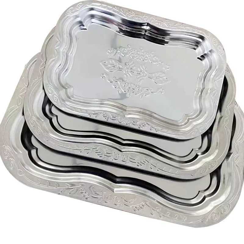 1PCS Stainless Steel Rectangar Tray with Embossed Design for Kitchen Living Ro Storage Durable Fruit Snack Cake Serving Dish Y251025
