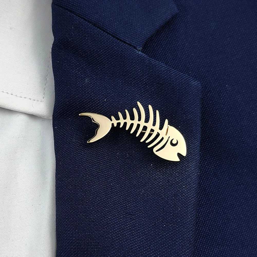 Fashion punk style hollow fish bone stainless steel goldplated 18K brooch black suit accessories wedding matching set J251115