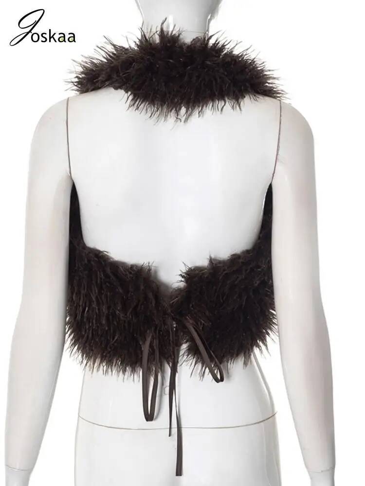 Joskaa Sexy Faux Fur Waistcoat Women Furry Backless Bandage Halter Crop Vests Coat 2025 Fashion Warm Outerwear Y2K Streetwear dongdumaoyi