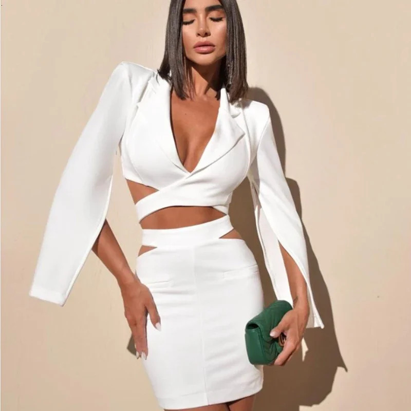 Fashion Sexy Notched Collar Hollow Out Jacket Office Ladies Slim Chic Long Sleeve White Blazer Skirt Set Women Outfits 251023