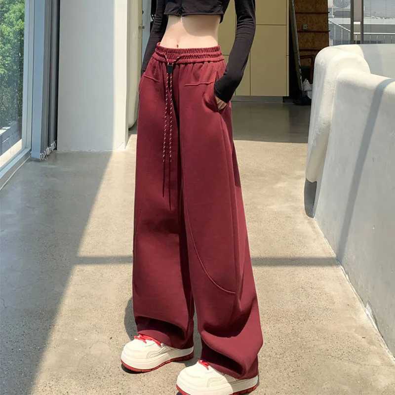 Young Style Streetwear Women Autumn Winter High Waist Pants American Style Plus Fleece Drawstring Allmatch Wide Leg TrousersT251025