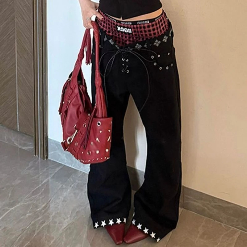 American contrasting double waist splicing drawstring print retro women jeans fashionable high street casual floor jeans 251024