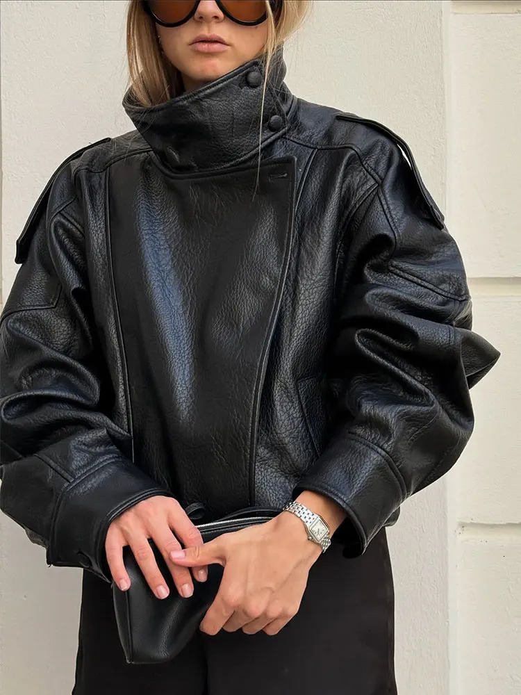 HH Autumn Faux Leather Jacket For Women Casual Solid Long Sleeve Zipper Pu Leather Coats Fashion Female Streetwear 251020