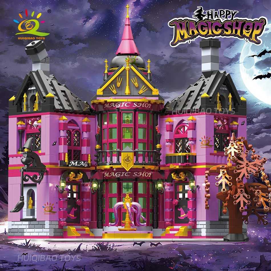 HUIQIBAO Halloween Witch House Wizard Bar Magic Shop Micro Model Building Block City DIY Store Assembly Brick Toys for Children C251023
