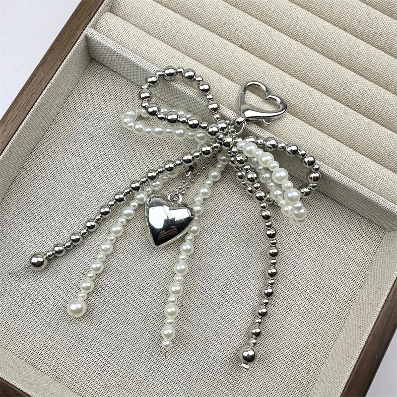 Doublelayer Sweet Lovely Beaded Bowknot Heart Keychain Pendant Hanging Decor Keyring Lanyard Phone Charm Bag Pendant Supplies 251021