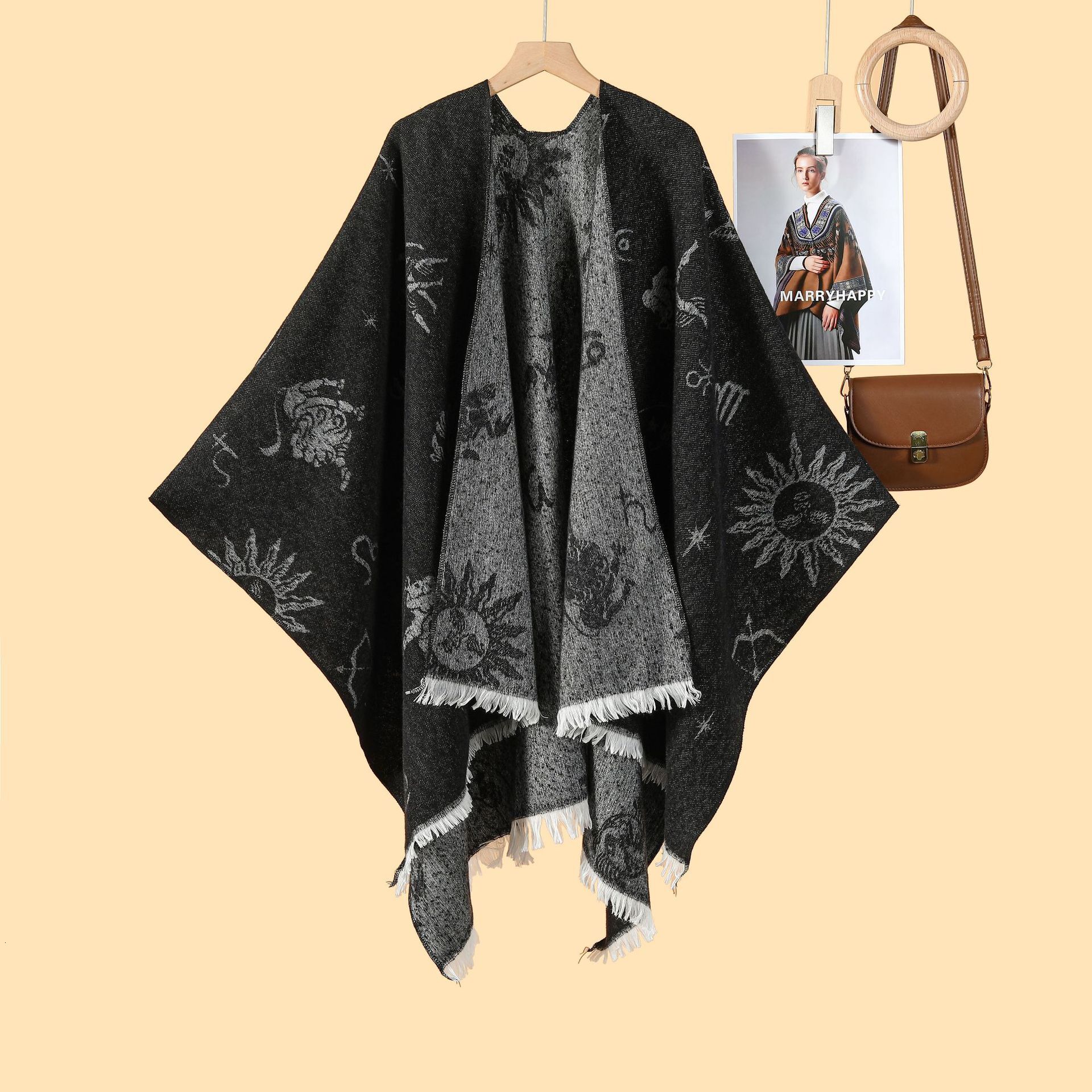 New Style Pastoral Style Womens DoubleSided Loose Beaded Jacquard Warm Split Outer Cape Cloak