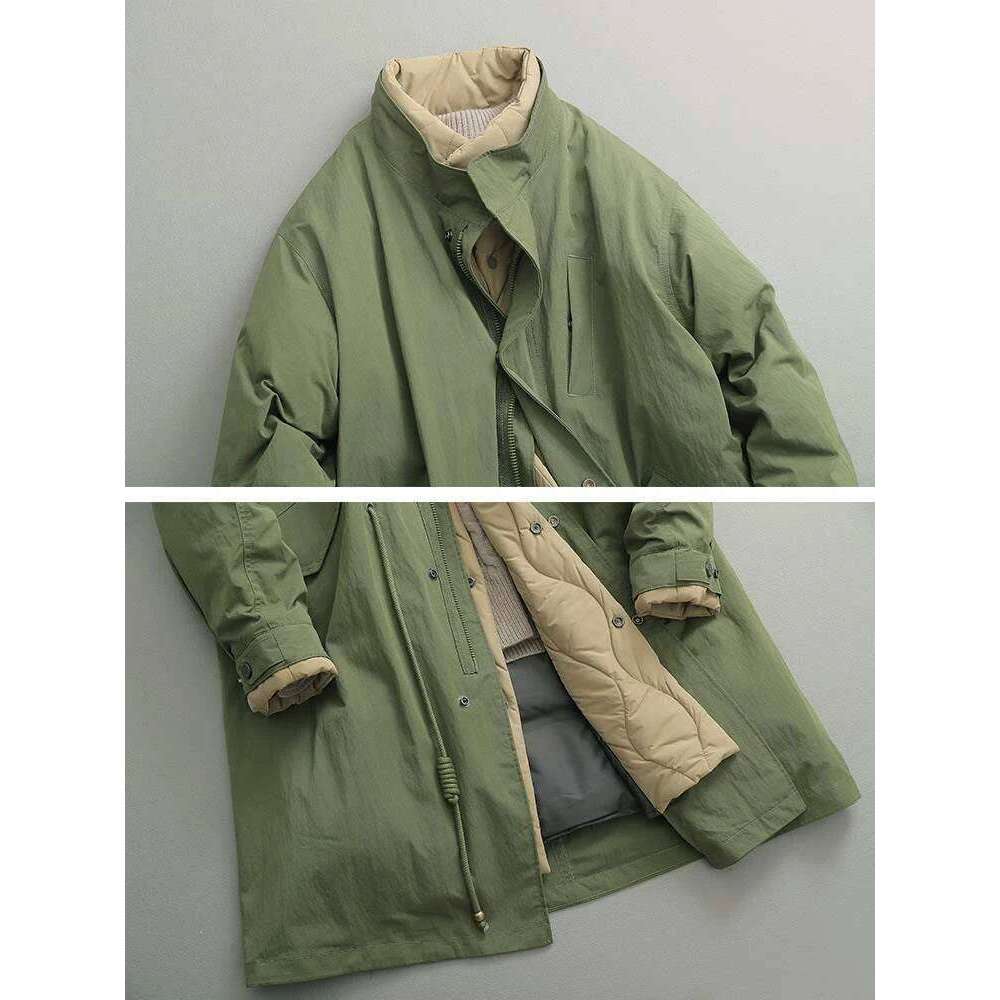 2025 New Cotton Padded Parka Army Green Vintage Fake Two Piece Stand Collar Long Jacket Drawstring Big Pocket Coat Women Coats Designer Women