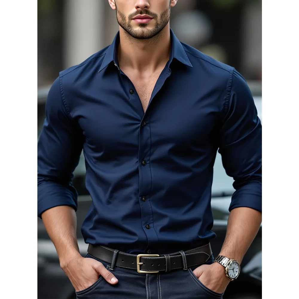 FGKKS Men Casual Shirt Fashion Solid Color Long Sleeve Elastic Fabric Male Business Dress Shirt 251023