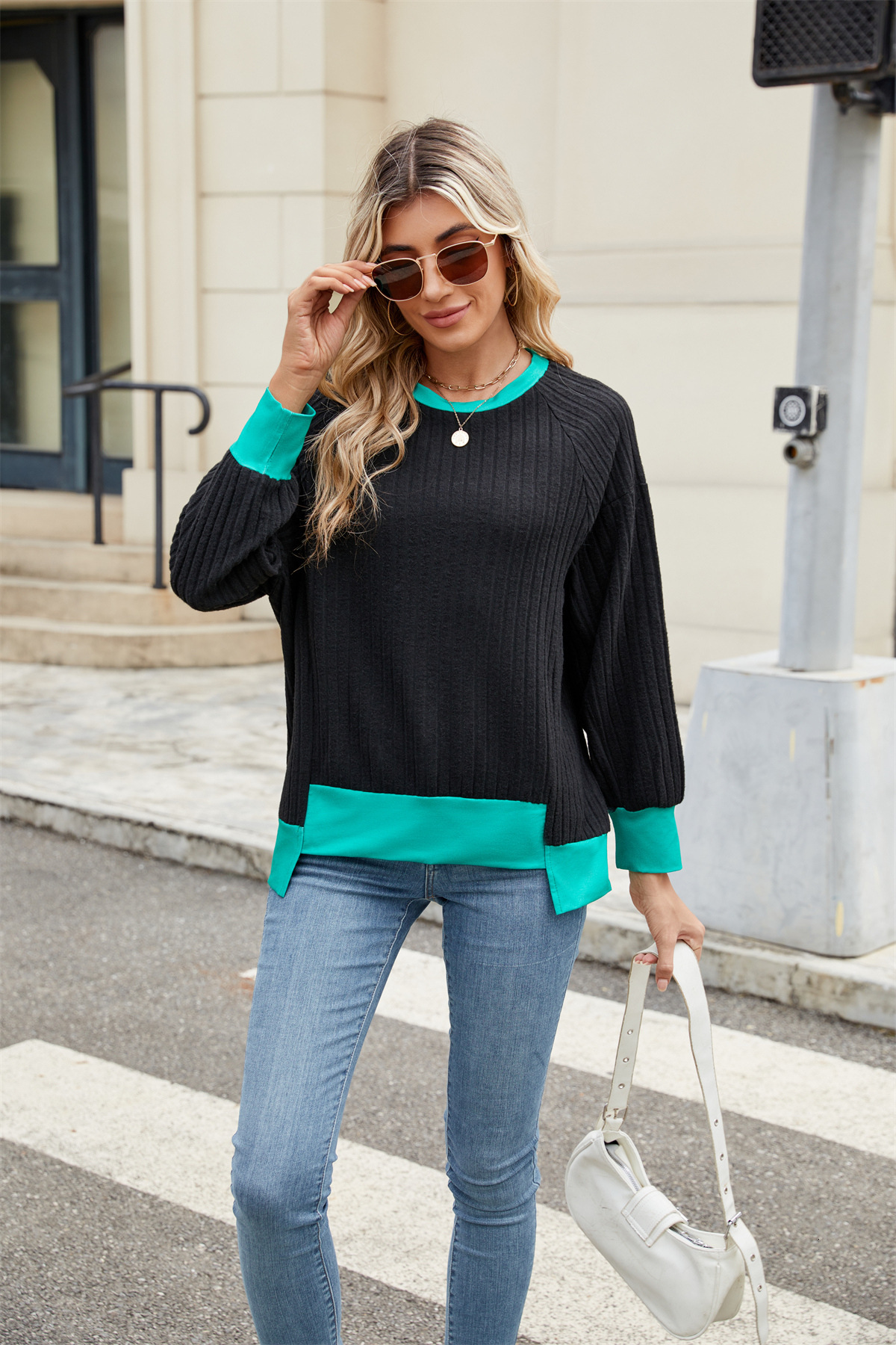 2025 Knitted Long Sleeve New Pullover Fashion Ribbed Patchwork Top for Women