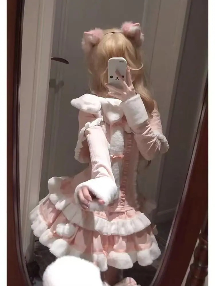 Winter Sweet Lolita Princess Kawaii Bow Pink n Slimming Womens Suit Y2k Elegant Warm Two Piece Set Japanese Outfit 251016