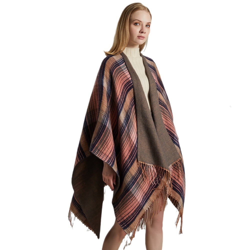 Scottish Classic Colorful Plaid Shawl Cape Imitation Cashmere Tassel Thickened Warm Split Shawl
