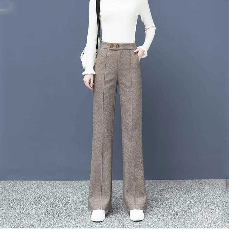 Big Size Thick Wool Blend Straight Pants Korean style Woolen Wide Leg Pants Womens Winter Casual New High Waist Loose TrousersT251025