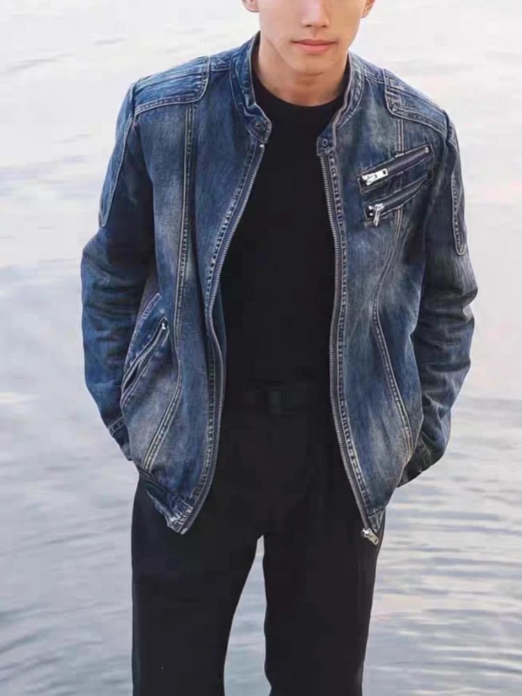 Mens Retro Denim Jacket Casual Oversized Stand Up Collar Zippered Cycling Motorcycle Coat Trend Loose Fit Top 251017