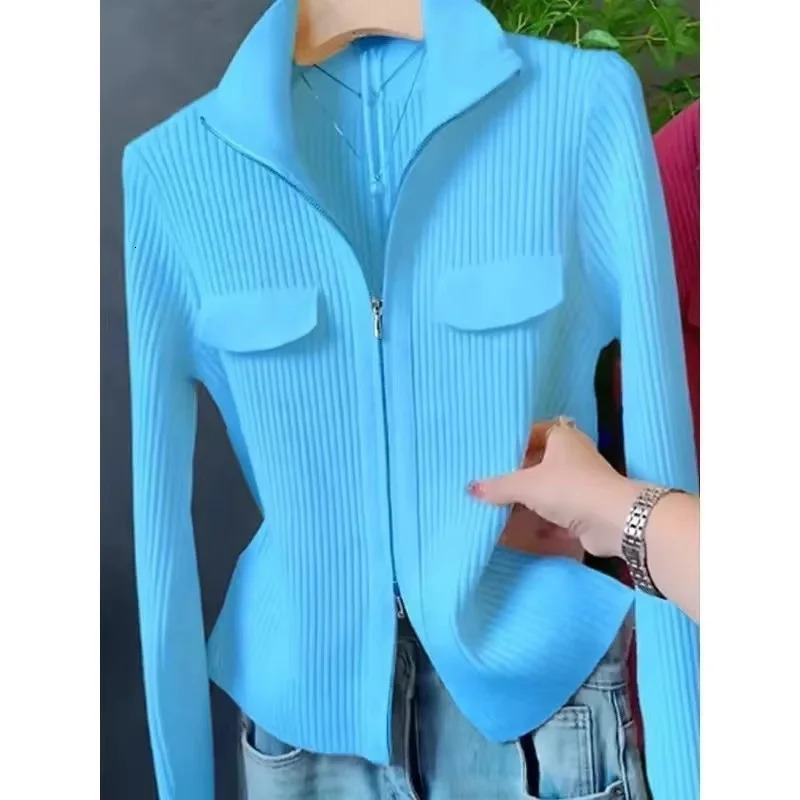 Spring Autumn Women Knitted Sweater Cardigan Short Jacket 2025 Korean Fashion Zipper Solid TurnDown Knit Coat Female Tops 251013