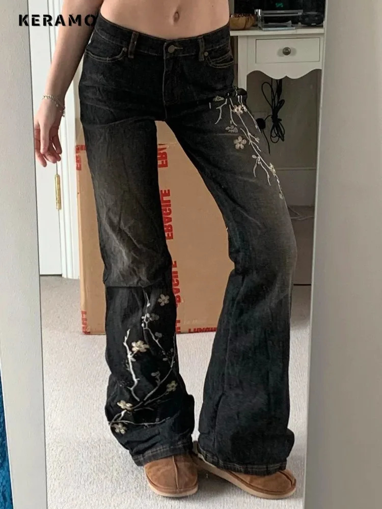Weekeep Floral Embroidery Jeans Vintage 2000s Low Rise Flared Jeans Women Retro y2k Baggy Denim Pants High Street Basic Trousers 251023