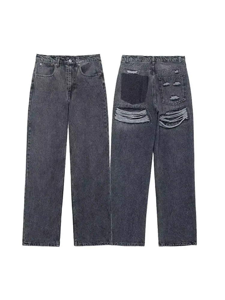 HH Womens Street Fashion Denim Blue Jeans Distressed Patchwork High Waist Zipper Fly Ripped Retro Long Pants 251023