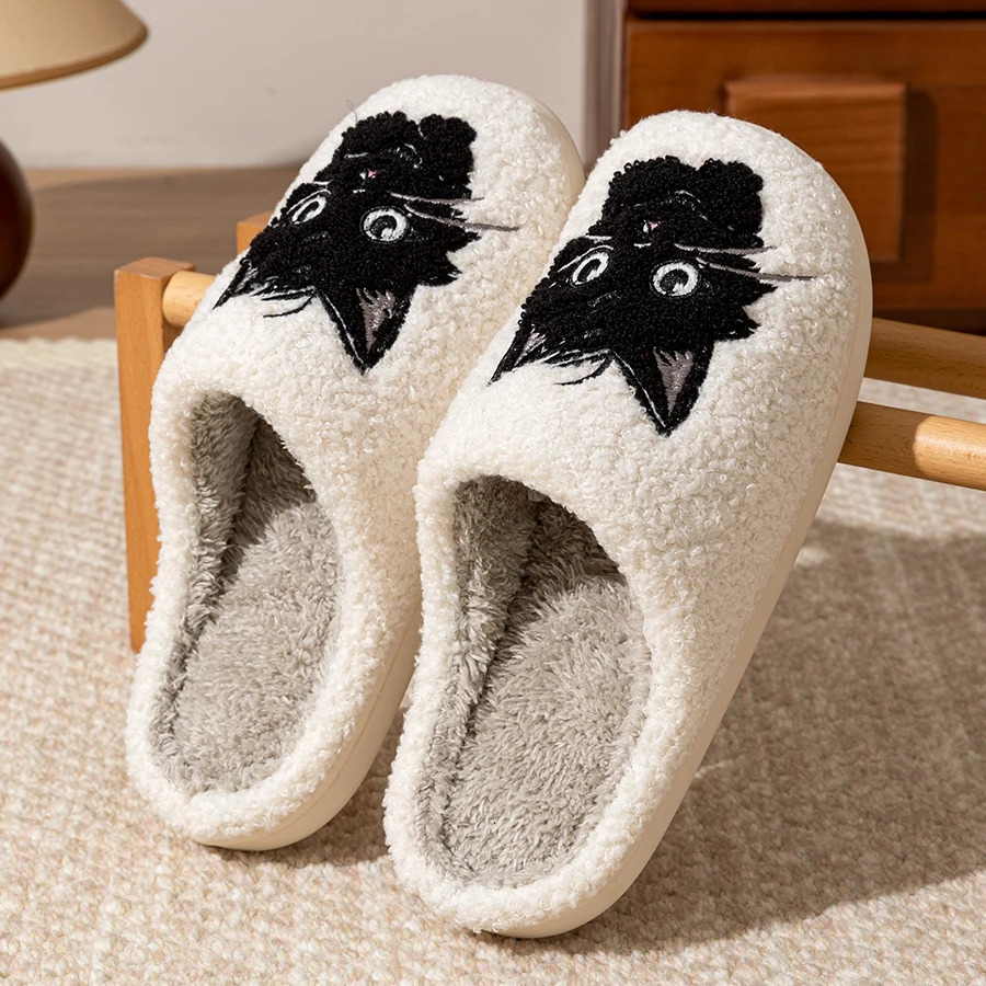 Winter Womens Slippers Indoor Cartoon Black Cat Cute Girls Slipper Bedroom Antislip Soft Sole Comfortable Cotton Homeshoes251020