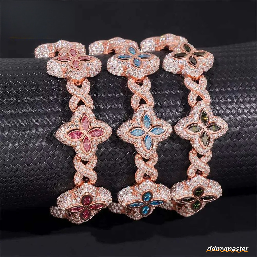 Rich Color Flower Design 18Mm Custom Iced Out Hip Hop Unisex Jewelry Cuban Link Chain Sier VVS Moissanite Bracelet Ddmymaster