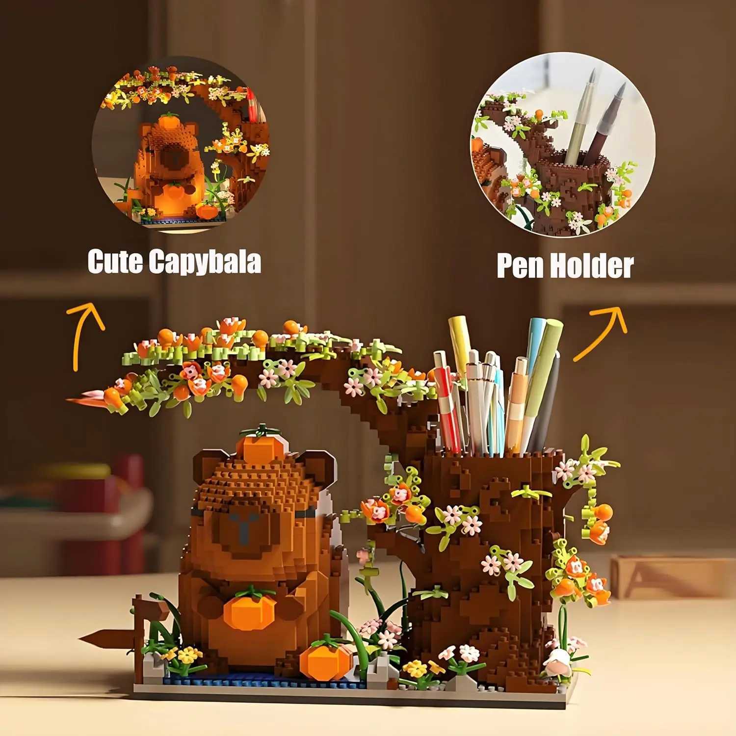 Capybara Building Block Pen Holder MultiFunction Desk Organizer for Office Supplies Cosmetics Birthday Gift Desktop Decoration C251023