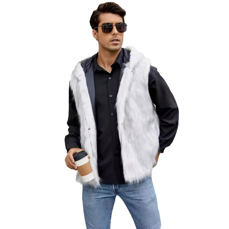 Men Hooded Vest V Neck Faux Fur Jackets Sleeveless Elegant Splice Vests Cardigan Hoodies Casual High Street Autumn Winter 251020