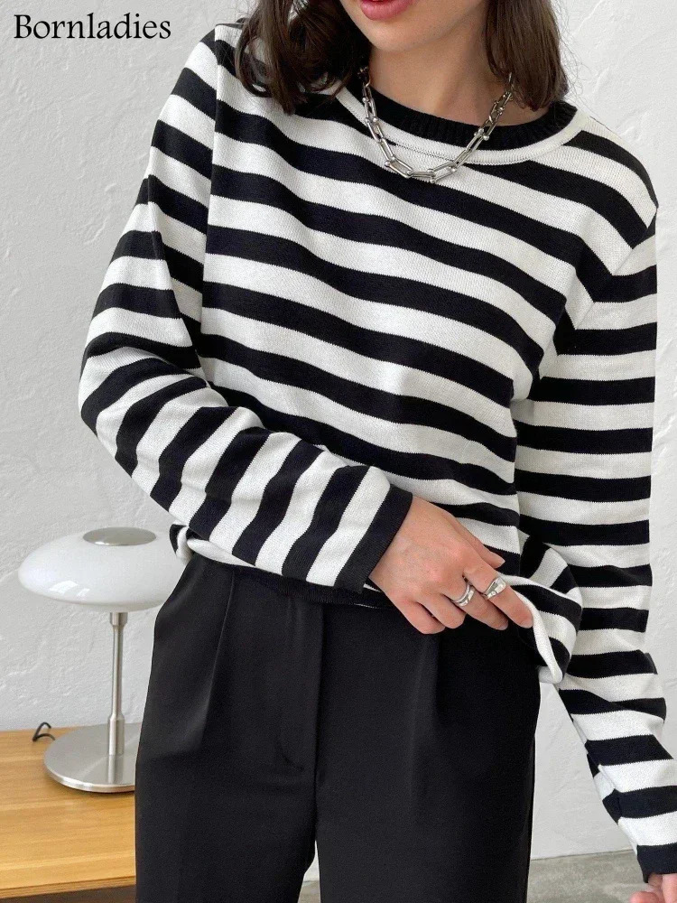 Bornladies Knitted Stripe Sweater Women 2025 Autumn Winter Loose Casual Thick Pullovers Female Warm Longsleeved Round Neck Tops 251023